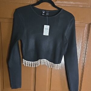 Windsor-Black long sleeved knit pullover with rhinestones around bottom Sz L NWT